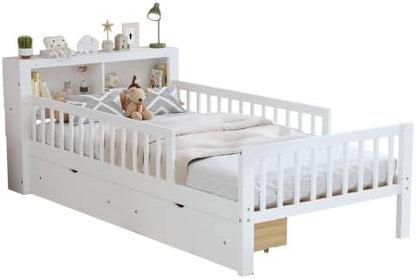 Bellemave Kids Twin Bed Frame with Fences, 2 Drawers & Storage Headboard, Twin Size Platform Bed with 3-Side Guardrails for Kids, Girls & Boys, White