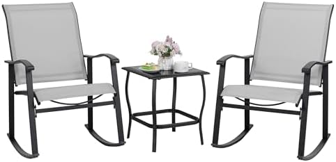 Shintenchi 3 Piece Rocking Bistro Set, Outdoor Furniture with Rocker Chairs and Glass Coffee Table Set of 3, Balcony, Porch Furniture for Small Space, Light Gray
