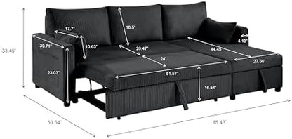Queen Sleeper Sofa, Convertible Sofa Bed with Storage, 85 Inch Sectional Couch with Pull Out Bed, L Shaped 3 Seat Sectional Sleeper Sofa for Living Room, Apartment, Black