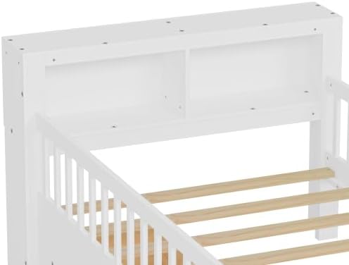 Bellemave Kids Twin Bed Frame with Fences, 2 Drawers & Storage Headboard, Twin Size Platform Bed with 3-Side Guardrails for Kids, Girls & Boys, White