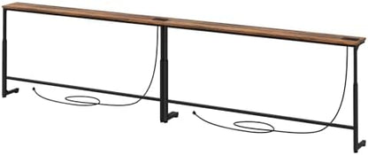 Kitstorack 102.3" Extra-Long Behind Couch Table, Height Adjustable Narrow Console Table with 2 Power Strips, Anti-Tip Wall Screws, Rustic Brown Finish, Split Design for Flexible Use