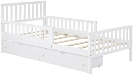 Bellemave Twin Size Kids Platform Bed with Fences and 2 Drawers, Wooden Twin Bed Frame with Guardrails on Both Sides for Boys Girls, White