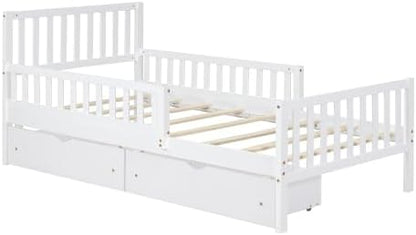 Bellemave Twin Size Kids Platform Bed with Fences and 2 Drawers, Wooden Twin Bed Frame with Guardrails on Both Sides for Boys Girls, White