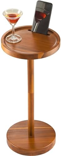 BLUEWEST Small Round Side Table, Drink Table with Phone Slot, 22'' Acacia
