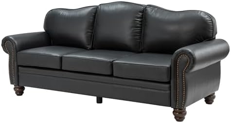 HULALA Home 81" Genuine Leather Sofa with Rolled Armrests, Black