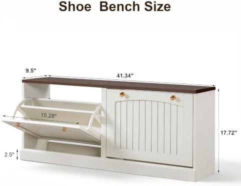 41”Wide Shoe Storage Bench with 2 Flip Drawer, White Narrow Shoe Cabinet