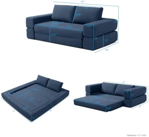 HANXIN 81'' Futon Sleeper Sofa Bed, Boneless Couch for Living Room, Blue