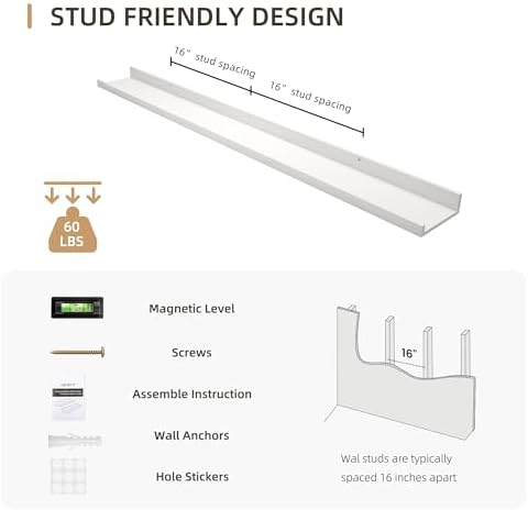 Picture Ledge Shelf, Wood Floating, Set of 2, 48 inch, White