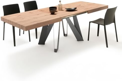 Mobili Fiver, Romina Extendable Table 63(94.5) x35.4 in, Rustic Oak with Black Iron Legs, Made in Italy