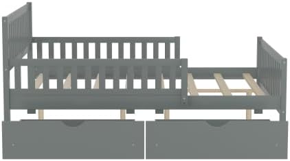 Bellemave Kids Full Bed Frame with Fences and 2 Drawers, Full Size Wooden Platform Bed with Guardrails on Both Sides for Boys Girls, Grey