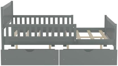 Bellemave Kids Full Bed Frame with Fences and 2 Drawers, Full Size Wooden Platform Bed with Guardrails on Both Sides for Boys Girls, Grey