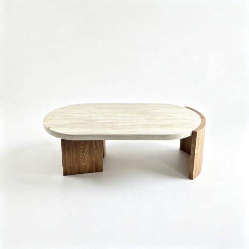 48.42" Oval Faux Travertine Coffee Table Walnut Marble