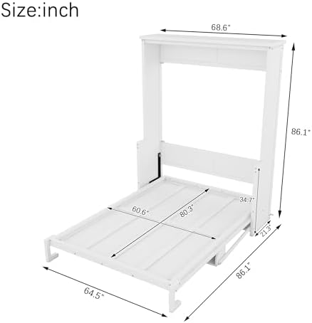 MERITLINE Queen Murphy Bed with Desk, Solid Wood Vertical Murphy Wall Bed Cabinet with Storage Shelves Space-Saving Hidden Bedframe (White,Queen)