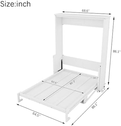 MERITLINE Queen Murphy Bed with Desk, Solid Wood Vertical Murphy Wall Bed Cabinet with Storage Shelves Space-Saving Hidden Bedframe (White,Queen)