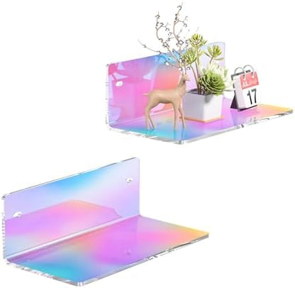 8 Inch Iridescent Shelf for Wall, Acrylic Small Floating Shelf, Home Wall Shelf Organizer for Room Storage, Room Décor, Space Saving, 4'' Depth, 2 Pack