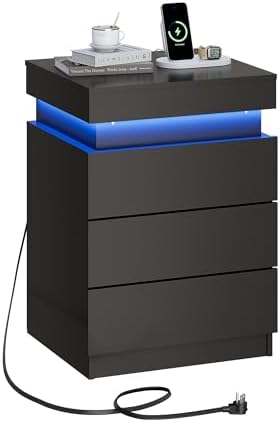 WLIVE Black Nightstand with Charging Station, Night Stand with Sliding Top