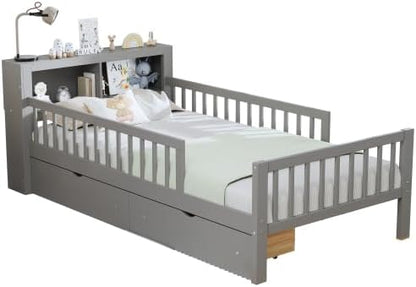 Bellemave Kids Twin Bed Frame with Fences, 2 Drawers & Storage Headboard, Twin Size Platform Bed with 3-Side Guardrails for Kids, Girls & Boys, Gray