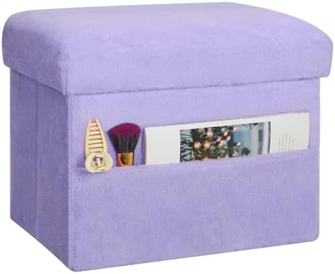Storage Ottoman, Folding Fur Ottoman with Thicker Foam Padded Seat, Purple