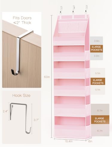 2 Pack Over the Door Organizer, 6-Shelf Closet Hanging Storage with 13 Mesh Pockets, 55lbs Capacity Behind the Door Storage for Baby Nursery, Bathroom, Bedroom, and Dorm, Pink