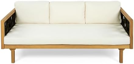 Merax Outdoor 3 Seater Daybed, Acacia Wood Patio Day Bed Couch Sofa with Cushions & Stylish Rope Weave Armrest, 67.5" L Outdoor Seating for Gardern Deck Porch Balcony, Beige
