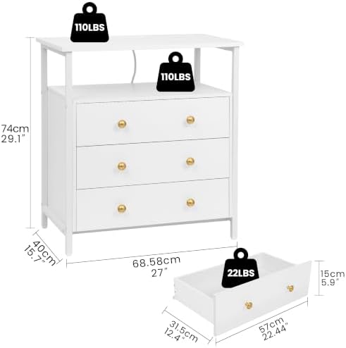 27" Nightstand Set 2 with Charging Station & 3 Drawer, White