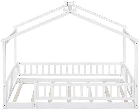 Merax Twin Size Wooden House Bed with Fence, Wood Bed Frame with Roof and Safety Guardrail for Kids, Teens, Boys or Girls, White
