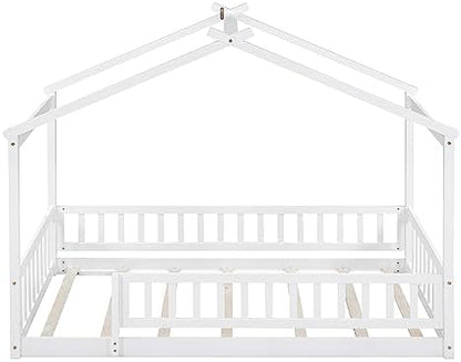 Merax Twin Size Wooden House Bed with Fence, Wood Bed Frame with Roof and Safety Guardrail for Kids, Teens, Boys or Girls, White