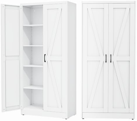 Ckzbx White Metal Cabinets with Doors and Shelves, 71" H Storage Cabinet Pantry Cabinet Garage Cabinets for Kitchen, Living Room, Dinning Room