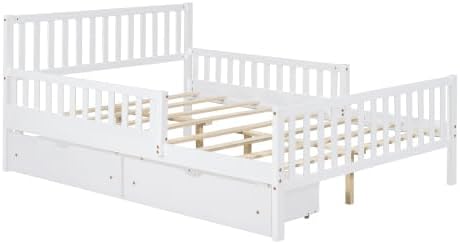Bellemave Full Size Kids Platform Bed with Fences and 2 Drawers, Wooden Full Bed Frame with Guardrails on Both Sides for Boys Girls, White