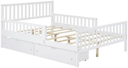 Bellemave Full Size Kids Platform Bed with Fences and 2 Drawers, Wooden Full Bed Frame with Guardrails on Both Sides for Boys Girls, White