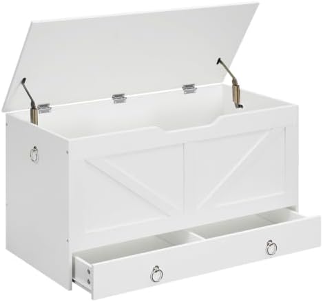 HOOBRO Storage Chest, 39.3" Toy Chest with Drawer, Wooden Storage Bench, Sturdy Entryway Bench Supports 330 lb, Shoe Bench, Safety Hinge, U-Shaped Opening, Easy Assembly, White WT710CW01G2