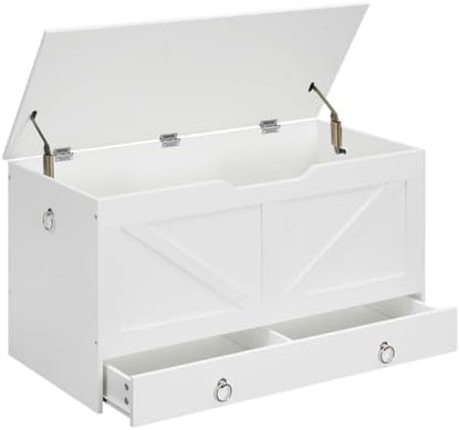 HOOBRO Storage Chest, 39.3" Toy Chest with Drawer, Wooden Storage Bench, Sturdy Entryway Bench Supports 330 lb, Shoe Bench, Safety Hinge, U-Shaped Opening, Easy Assembly, White WT710CW01G2