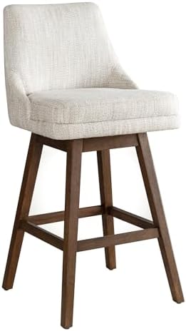 Armen Living Branson Brown Solid Wood Upholstered 30" Bar Height Swivel Barstool with Beige Fabric Seat - Set of 3