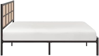 Lexicon Metal Bed Frame with Rattan Headboard, Platform Bed with Strong Metal Slat Support Under Bed Storage, Boho Faux Cane Bed, Mattress Foundation No Box Spring Needed, Full Bed, Dark Bronze