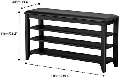 Shoe Bench with 3 Tier Adjustable Shelves Rubberwood Entryway 39.4''