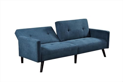 Container Furniture Direct Hasano 79" Sleeper Sofa Bed - Reclining Convertible to Full Bed - Tufted Linen Upholstery, Wooden Legs - Space-Saving Sofa Bed(79" L x 33" W x 33" H), Blue