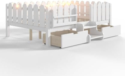 Bellemave Full Size Platform Bed with Storage Drawers & Bookshelf for Boys Girls, Kids Full Bed Frame with LED Lights & Stairs for Children's Room, White