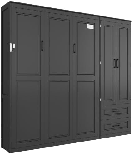 Merax Queen Size Murphy Bed with Upholstered Headboard and Wardrobe,Black
