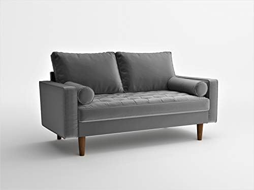 Container Furniture Direct Womble Mid Century Modern Velvet Upholstered Tufted Seat with Bolster Pillows, Loveseat, Sofa, Grey