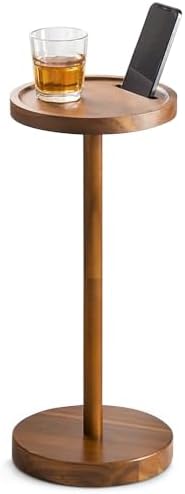 BLUEWEST Small Round Side Table, Drink Table with Phone Slot, 22'' Acacia