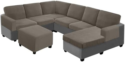 UNBBRRL Seat Cushion Cover and Back Covers for Corner Sofa Stretch Jacquard, Non Slip L Shaped Sofa Slipcover with Storage Ottoman, Sectional Couch Cover for Chaise Lounge (Taupe,31 x 31 x 6”)