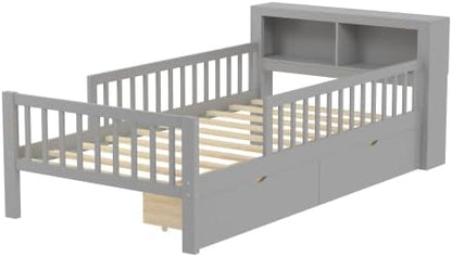 Bellemave Kids Twin Bed Frame with Fences, 2 Drawers & Storage Headboard, Twin Size Platform Bed with 3-Side Guardrails for Kids, Girls & Boys, Gray