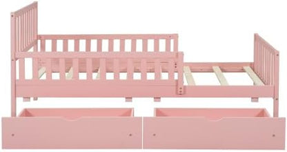 Bellemave Girls Twin Bed Frame with Fences and 2 Drawers, Kids Twin Platform Bed with Guardrails on Both Sides, Pink