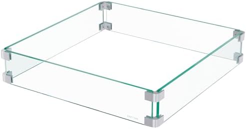 East Oak Glass Wind Guard for 28''&32'' Propane Fire Pit Table, Clear Tempered Wind Guard for Gas Firepit, Thick Rectangle Glass Shield with Aluminum Corner Bracket & Rubber Feet，20 x 20 x 4 inch