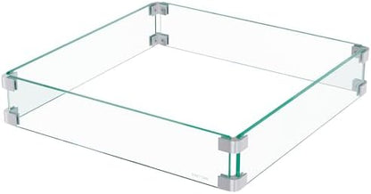 East Oak Glass Wind Guard for 28''&32'' Propane Fire Pit Table, Clear Tempered Wind Guard for Gas Firepit, Thick Rectangle Glass Shield with Aluminum Corner Bracket & Rubber Feet，20 x 20 x 4 inch