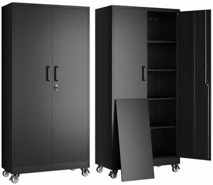 Yizosh Black Wheeled Metal Garage Storage Cabinet,Lockable Storage Cabinet