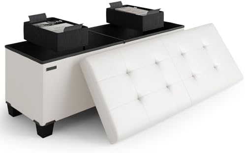 Storage Ottoman Bench with Bins, 43-in Storage Bench for Bedroom End of Bed, Folding Foot Rest Ottoman for Living Room Max 660lbs, Faux Leather Ottomans, Cream
