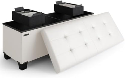 Storage Ottoman Bench with Bins, 43-in Storage Bench for Bedroom End of Bed, Folding Foot Rest Ottoman for Living Room Max 660lbs, Faux Leather Ottomans, Cream