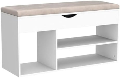 Apicizon 39 Inches Storage Bench with Padded Cushion, Shoe Bench with Storage Space, Upholstered Entryway Bench for Living Room, 2-Tier Shoe Rack Organizer, White