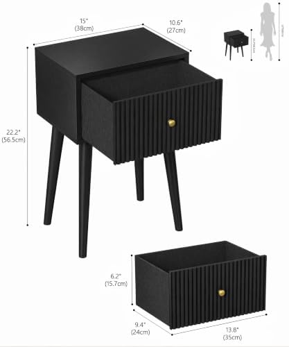 Akxomel Small Nightstand Set 2 Fluted Wooden Nightstands Wood Legs Black